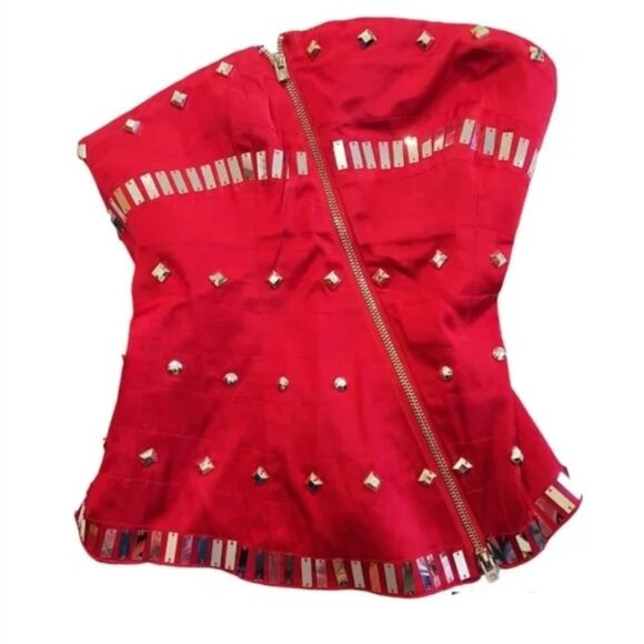 Y2K BEBE RED SATIN TRAPUNTO CORSET BUSTIER TUBE TOP SZ XXS NEW STUDDED - Picture 1 of 12